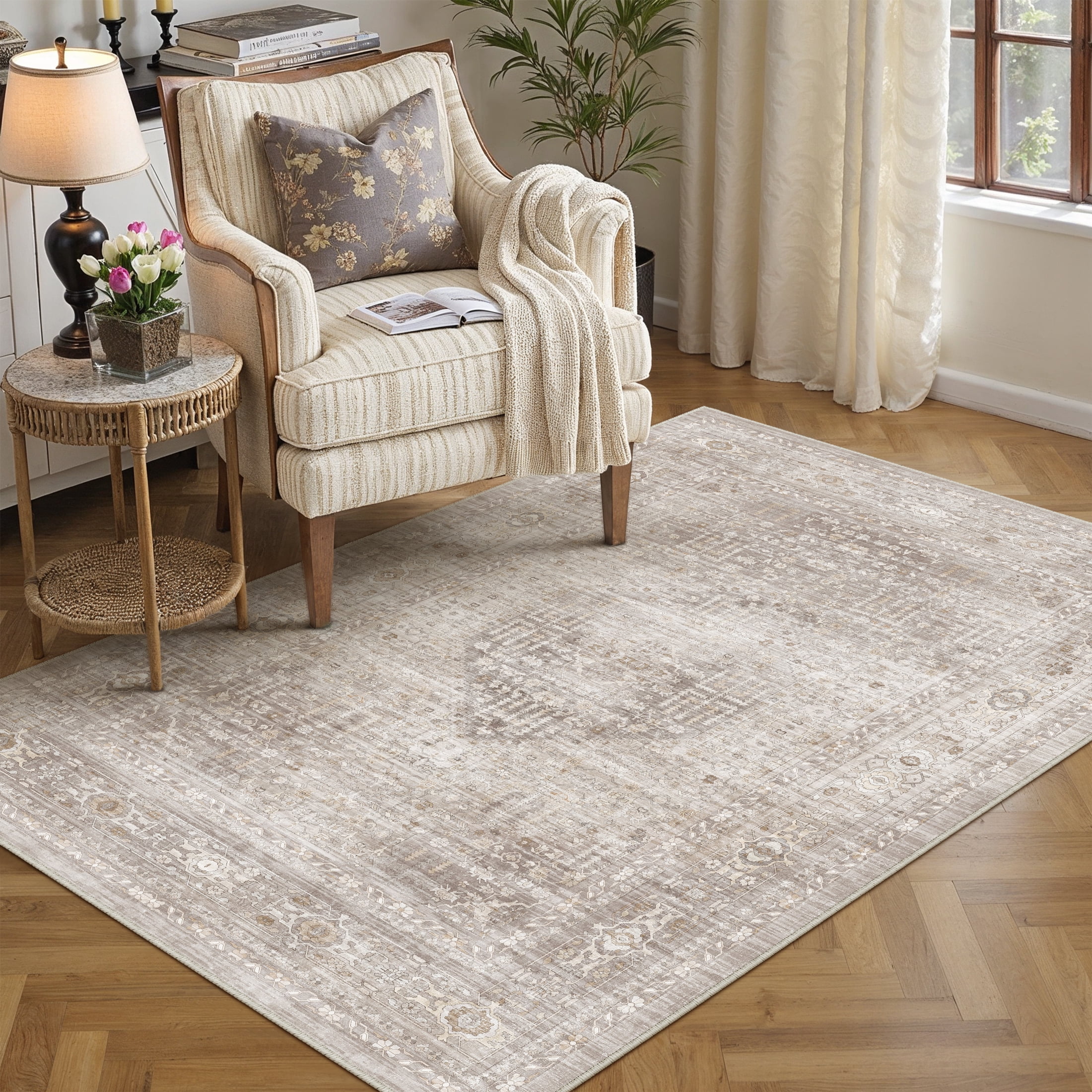 berthmeer 3'x5' small area rugs for living room bedroom office indoor vintage traditional distressed rugs washable non-slip,beige carpets