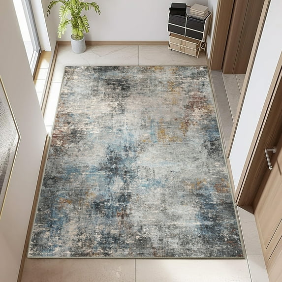 BERTHMEER 3'x5' Small Abstract Washable Area Rugs for Bathroom Bedroom Entryway Kitchen Rugs Non Slip Modern Dorm Office Contemporary Distressed Rugs, Blue Multicolor