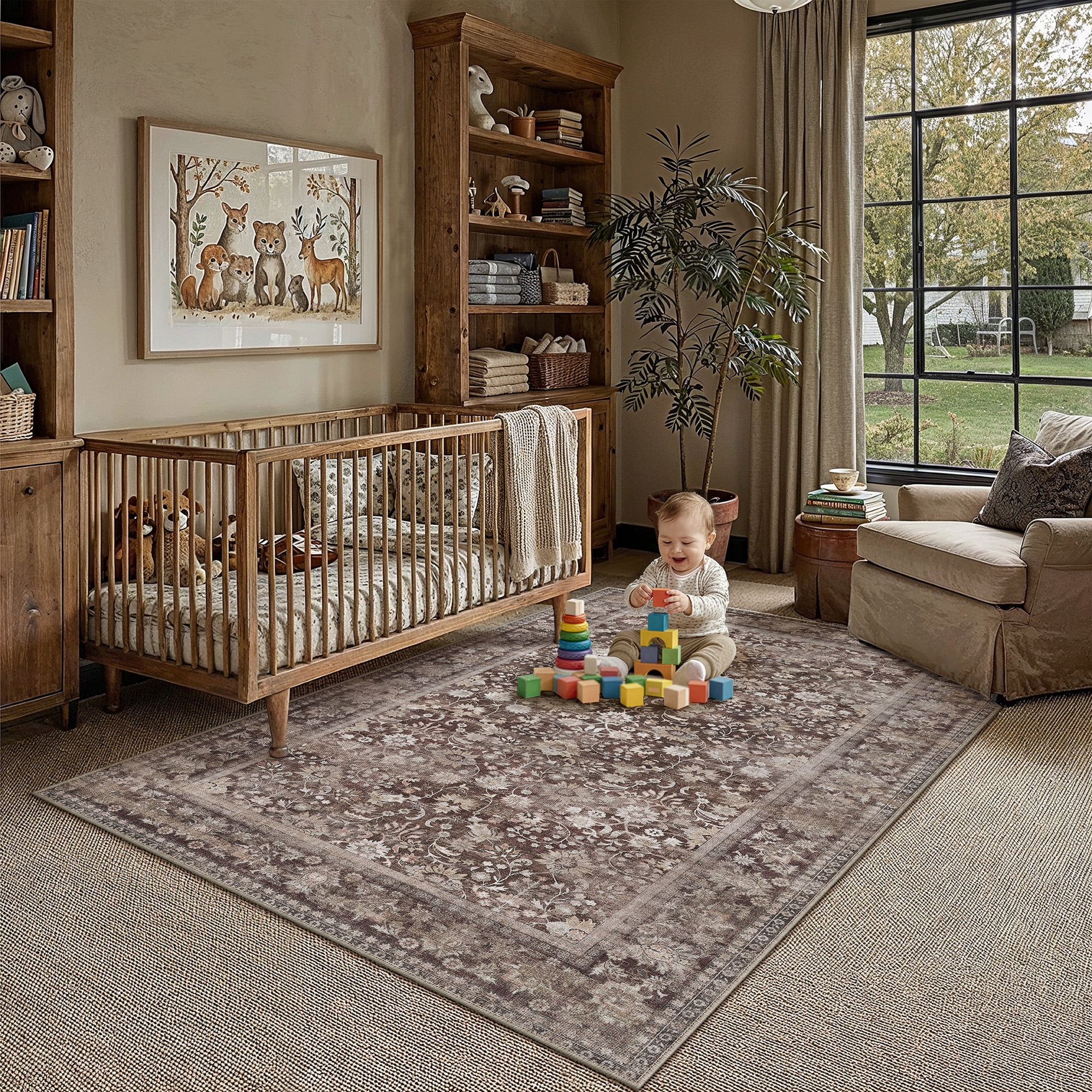 berthmeer 3'x5' small area rugs for bedroom dining room entryway entrance oriental floral vintage farmhouse machine washable non-slip traditional distressed throw rugs, dark brown