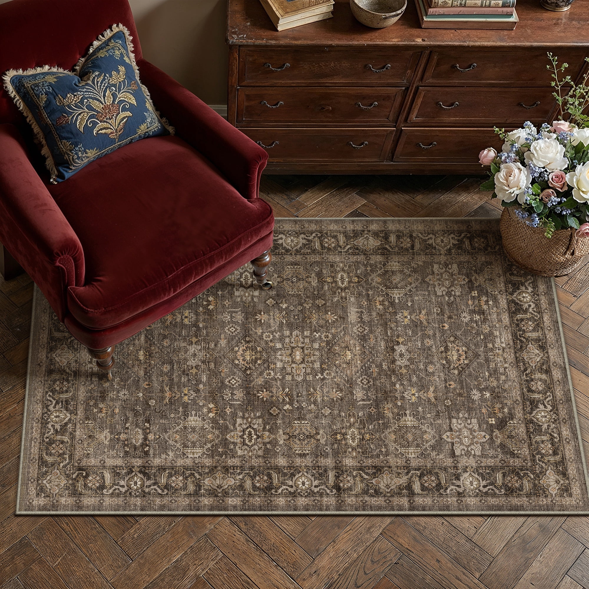 berthmeer 3'x5' small area rugs for bedroom dining room entryway entrance oriental vintage farmhouse machine washable non-slip traditional distressed throw rugs, brown