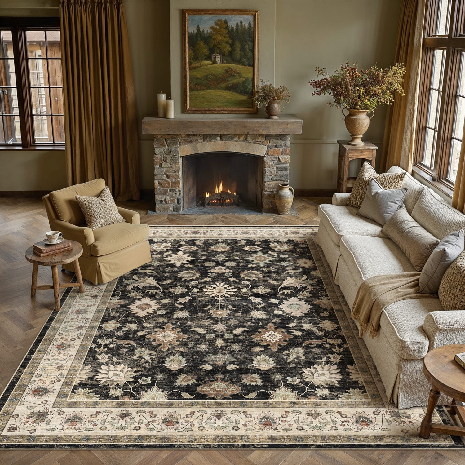 berthmeer 3'x5' small area rugs washable rugs for bedroom living room office kitchen entryway entrance doorway vintage floral rugs,black