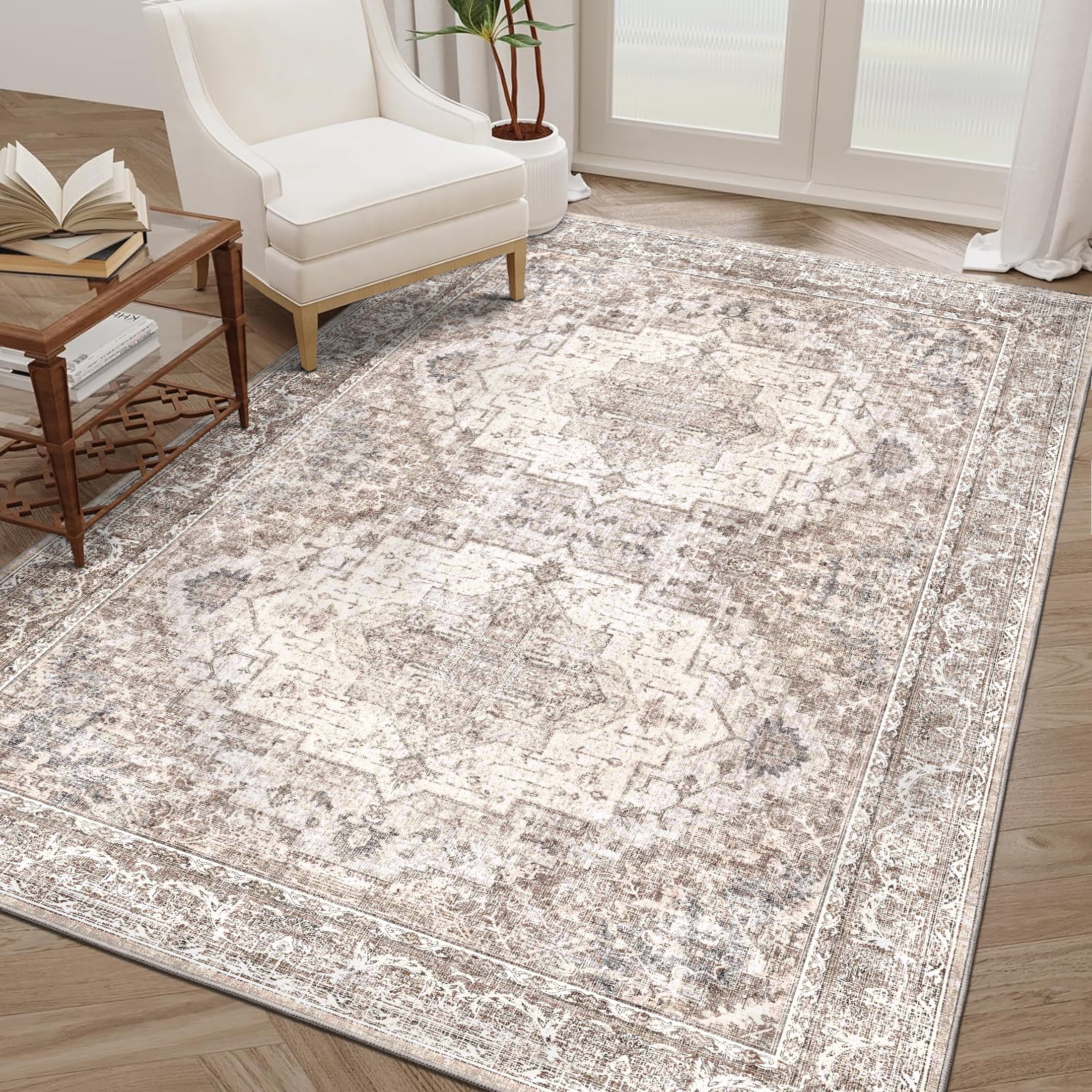 BERTHMEER 3'x5' Small Brown Area Rugs Distressed Washable Rugs for