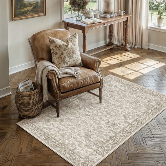 BERTHMEER 3'x5' Small Brown Area Rugs Vintage Throw Rugs for Bathroom Bedroom Dining Room Office Entrance Kitchen Non Slip Washable Oriental Distressed