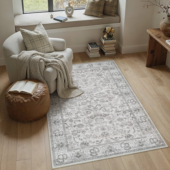 BERTHMEER 3'x5' Small Gray Area Rugs Vintage Throw Rugs for Bathroom Bedroom Dining Room Office Entrance Kitchen Non Slip Washable Oriental Rugs Carpets