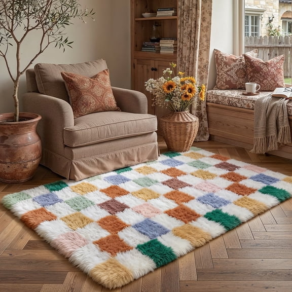 BERTHMEER 3'x5' Small Shag Area Rugs for Bedroom Dorm Entrance Laundry Entryway Modern Checkered Contemporary Plush Soft Carpets Indoor Fuzzy Fluffy Washable Throw Rugs, Green Multicolor