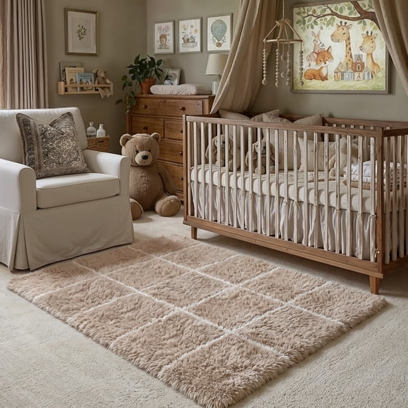 BERTHMEER 3'x5' Small Shag Area Rugs for Entryway Doormats Indoor Bathroom Office Modern Checkered Geometric Contemporary Plush Soft Fuzzy Fluffy Washable Carpets, Beige
