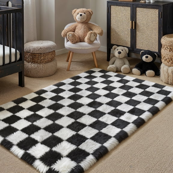 BERTHMEER 3'x5' Washable Small Checkered Shag Area Rugs for Entryway Entrance Office Bedroom Laundry Non Slip Indoor Fuzzy Fluffy Plush Geometric Modern Carpets Throw Rugs, Black White