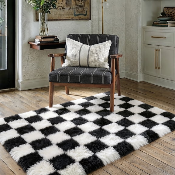 BERTHMEER 3'x5' Washable Small Checkered Shag Area Rugs for Entryway Entrance Office Bedroom Laundry Non Slip Indoor Fuzzy Fluffy Plush Geometric Modern Carpets Throw Rugs, Black White