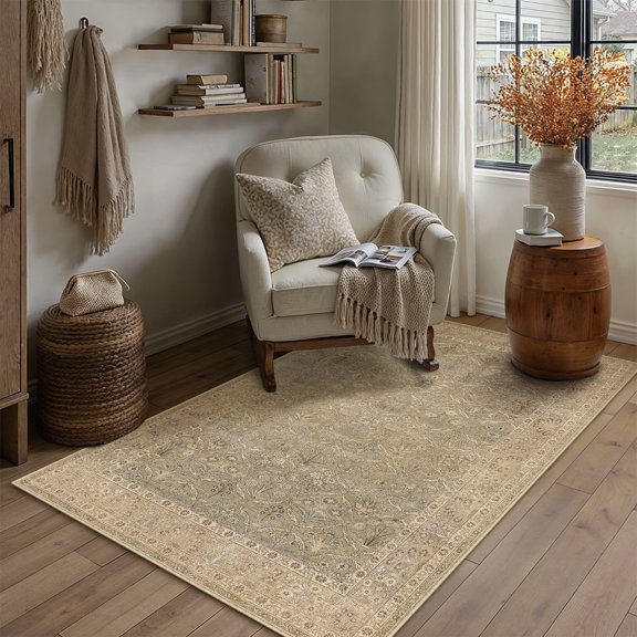 BERTHMEER 3'x5' Small Washable Area Rugs for Bathroom Bedroom Entryway Kitchen Rugs Non Slip Vintage Traditional Office Oriental Distressed Throw Rugs,Golden Brown