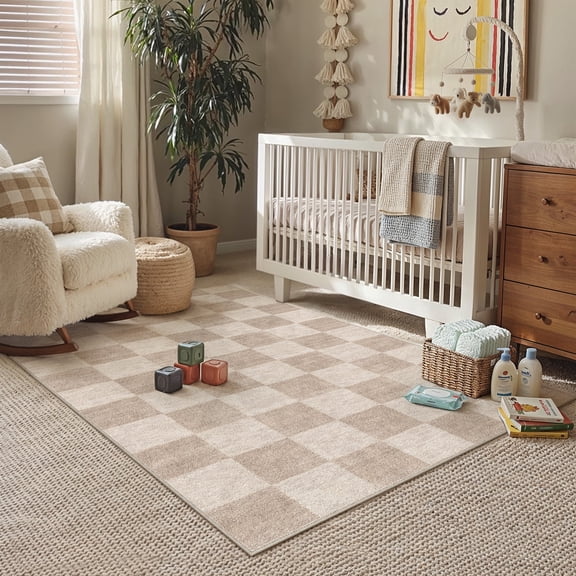BERTHMEER 3'x5' Small Washable Area Rugs for Entryway Kitchen Dorm Entrance Office Living Room Bedroom Laundry Dinning Room Non Slip Rugs Geometric Modern Checkered Indoor Carpets,Brown