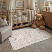 BERTHMEER 3'x5' Small Washable Beige Vintage Area Rugs for Bathroom Bedroom Entryway Kitchen Rugs Non Slip Vintage Traditional Dorm Office Oriental Rugs