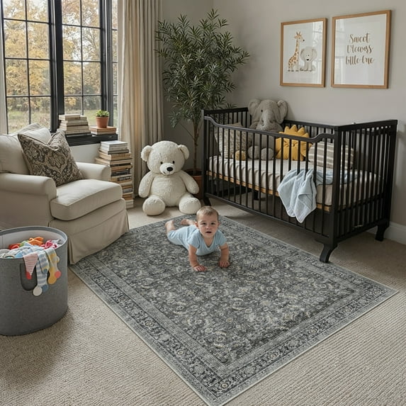 BERTHMEER 3'x5' Small Washable Black Area Rugs for Bathroom Bedroom Entryway Kitchen Rugs Non Slip Vintage Traditional Dorm Office Oriental Distressed Throw Rugs