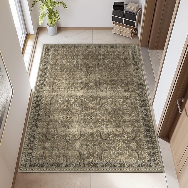 BERTHMEER 3'x5' Small Washable Brown Area Rugs for Bathroom Bedroom Entryway Kitchen Rugs Non Slip Vintage Traditional Dorm Office Oriental Distressed Throw Rugs