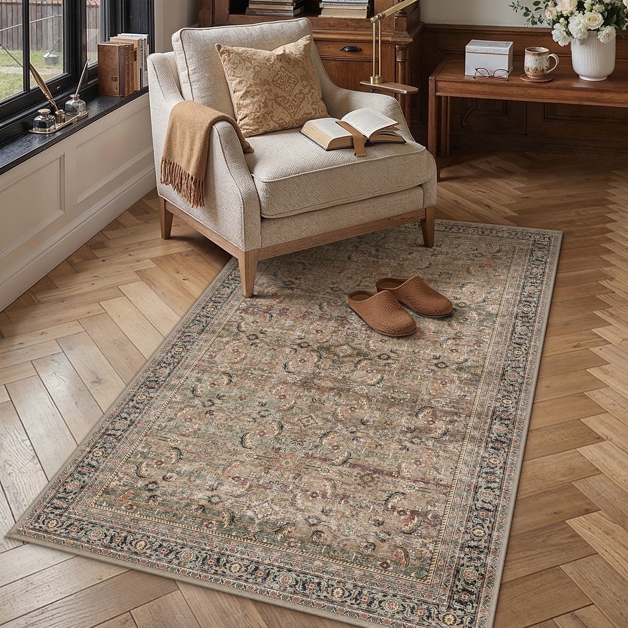 berthmeer 3'x5' small washable brown area rugs for bathroom bedroom entryway kitchen rugs non slip vintage traditional dorm office oriental distressed throw rugs