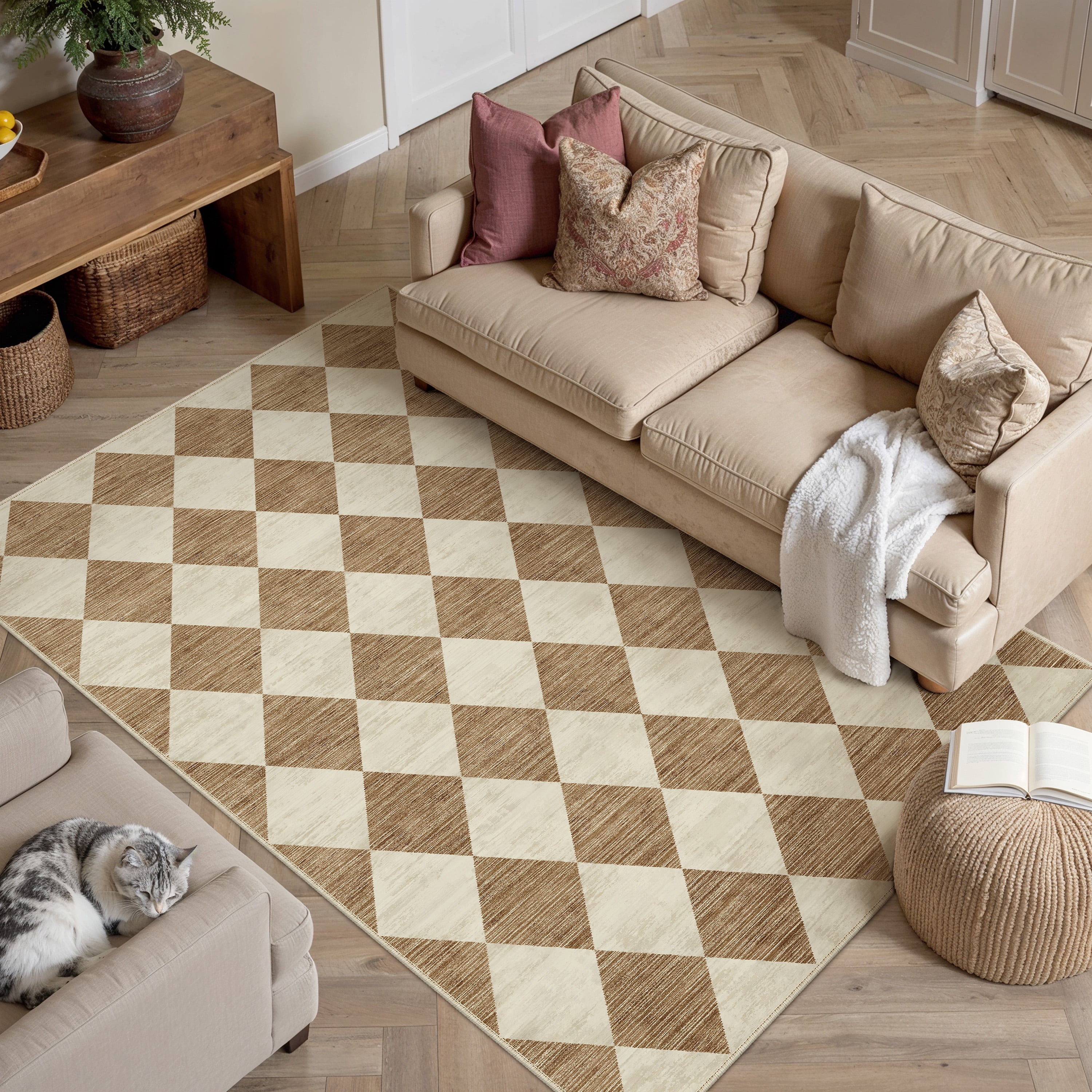 berthmeer 3'x5' small washable geometric grid diamonds checkered area rugs for bathroom bedroom entryway kitchen rugs non slip modern contemporary rugs, brown
