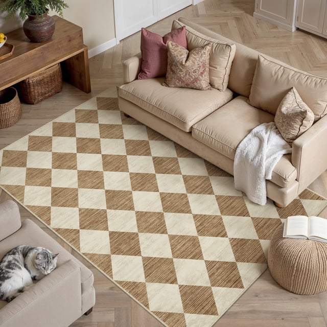 BERTHMEER 3'x5' Small Washable Geometric Grid Diamonds Checkered Area Rugs for Bathroom Bedroom Entryway Kitchen Rugs Non Slip Modern Contemporary Rugs, Brown