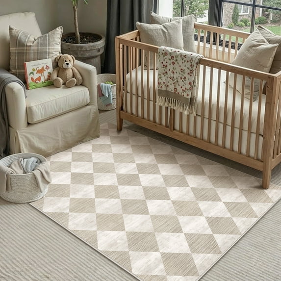BERTHMEER 3'x5' Small Washable Geometric Grid Diamonds Checkered Area Rugs for Bathroom Bedroom Entryway Kitchen Rugs Non Slip Modern Contemporary Rugs,Beige