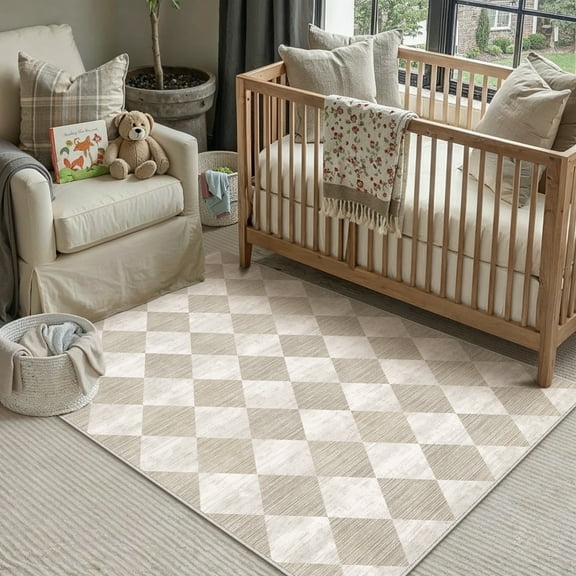 BERTHMEER 3'x5' Small Washable Geometric Grid Diamonds Checkered Area Rugs for Bathroom Bedroom Entryway Kitchen Rugs Non Slip Modern Contemporary Rugs,Beige