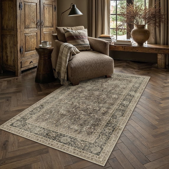 BERTHMEER 3'x5' Small Washable Golden Brown Area Rugs for Bedroom Entryway Kitchen Office Rugs Non Slip Vintage Traditional Oriental Distressed Throw Rugs