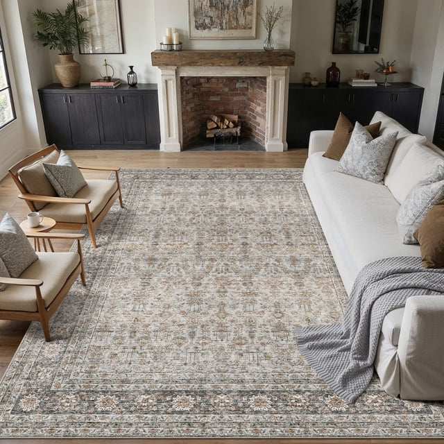 BERTHMEER 3'x5' Small Washable Gray Taupe Area Rugs for Entryway Entrance Kitchen Bedroom Office Rugs Non Slip Vintage Traditional Oriental Distressed Throw Rugs