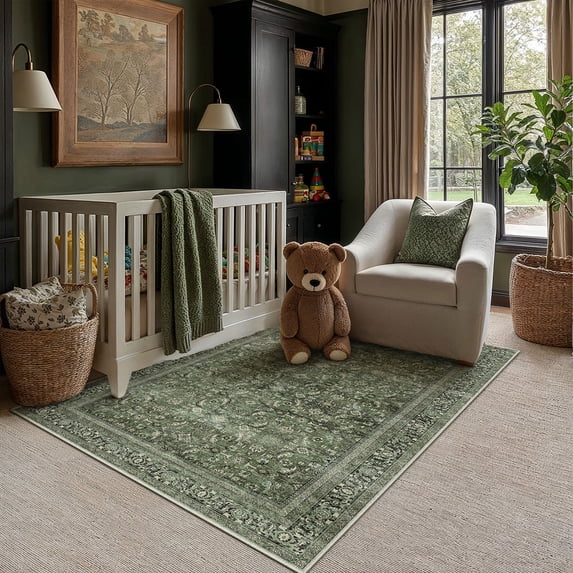 Berthmeer 3 ft x 5 ft green vintage oriental distressed washable non slip area rug
