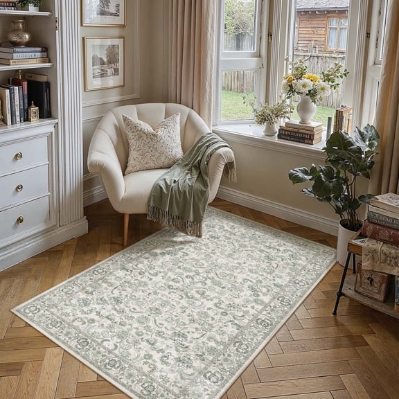 BERTHMEER 3'x5' Small Washable Green Area Rugs for Bathroom Bedroom Entryway Kitchen Rugs Non Slip Vintage Dorm Office Oriental Distressed Throw Rugs