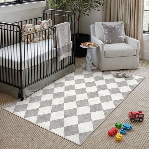 BERTHMEER 3'x5' Washable Rhombus Checkered Area Rugs for Kitchen Bedroom Entryway Rugs Non Slip Geometric Modern Contemporary Dorm Office Rugs,Gray