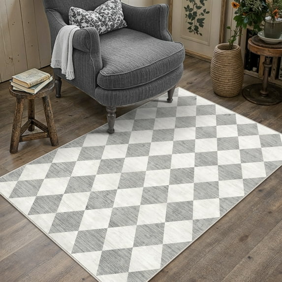 BERTHMEER 3'x5' Washable Rhombus Checkered Area Rugs for Kitchen Bedroom Entryway Rugs Non Slip Geometric Modern Contemporary Dorm Office Rugs,Gray