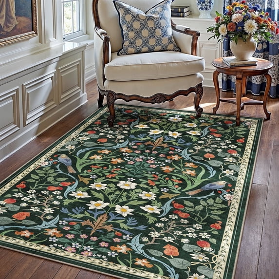 BERTHMEER 3'x5' Area Rugs for Living Room Kitchen Bedroom Rugs Non Slip Washable Floral Green Vintage Carpets Oriental Flower Office Dorm Dining Room Traditional Throw Rugs, Multicolor
