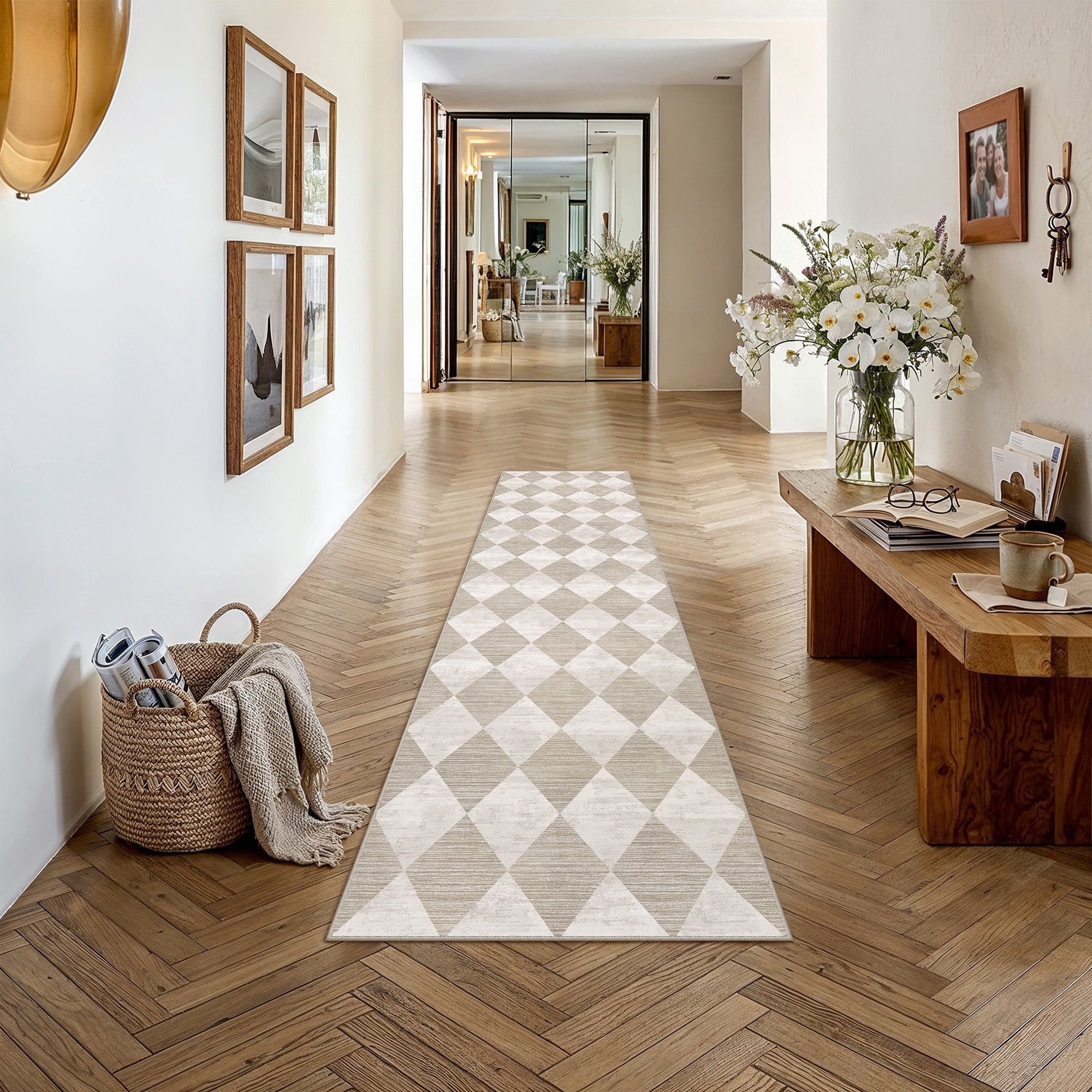 berthmeer 3'x7' runner rugs for hallway bathroom bedroom entryway kitchen non slip geometric modern rhombus checkered contemporary washable indoor runner rugs, beige