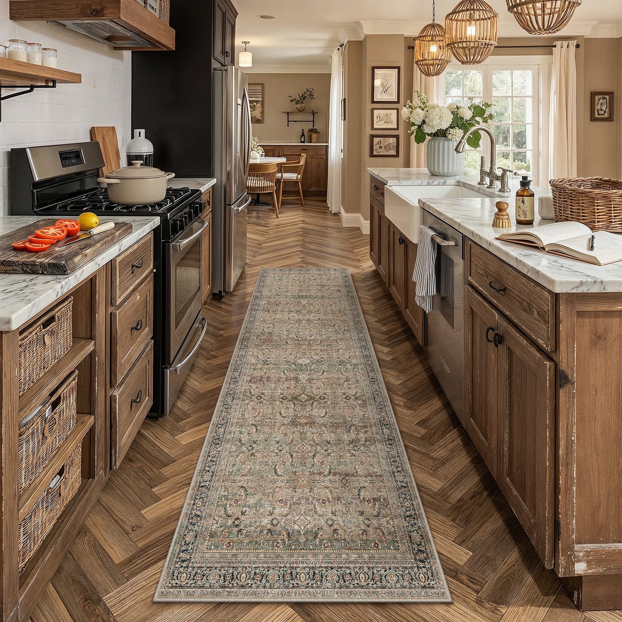 berthmeer 3'x7' runner rugs for hallway kitchen entryway bedroom bathroom entrance oriental floral vintage farmhouse machine washable non-slip traditional distressed rugs, brown