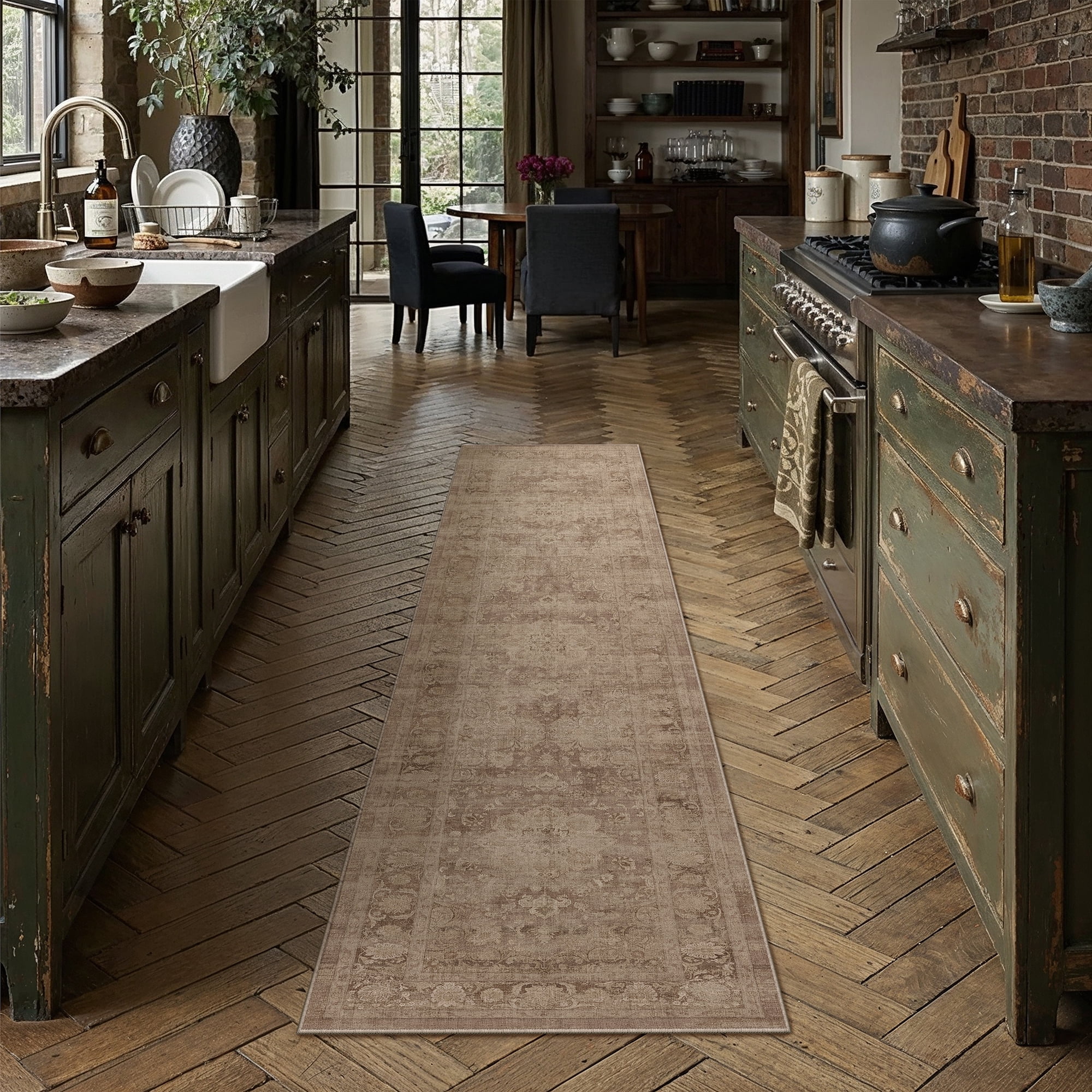 berthmeer 3'x7' runner rugs for hallway kitchen entryway bedroom bathroom entrance oriental floral vintage farmhouse machine washable non-slip traditional distressed rugs, brown