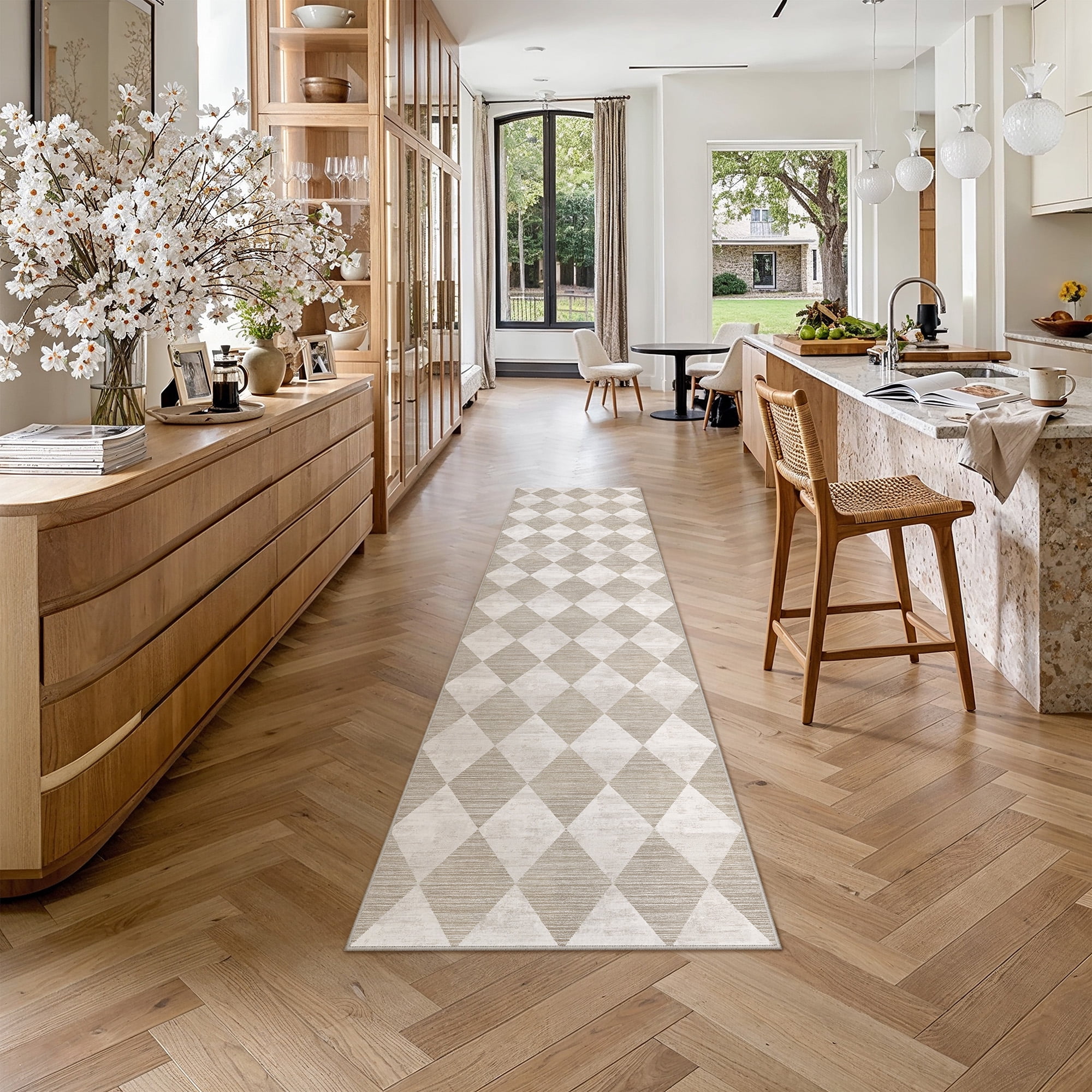 berthmeer 3'x8' runner rugs for hallway bathroom bedroom entryway kitchen non slip geometric modern rhombus checkered contemporary washable indoor runner rugs, beige