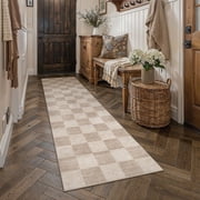 BERTHMEER 3'x8' Runner Rugs for Hallway Kitchen Entryway Bedroom Bathroom Entrance Geometric Modern Checkered Farmhouse Carpets Non Slip Machine Washable, Brown