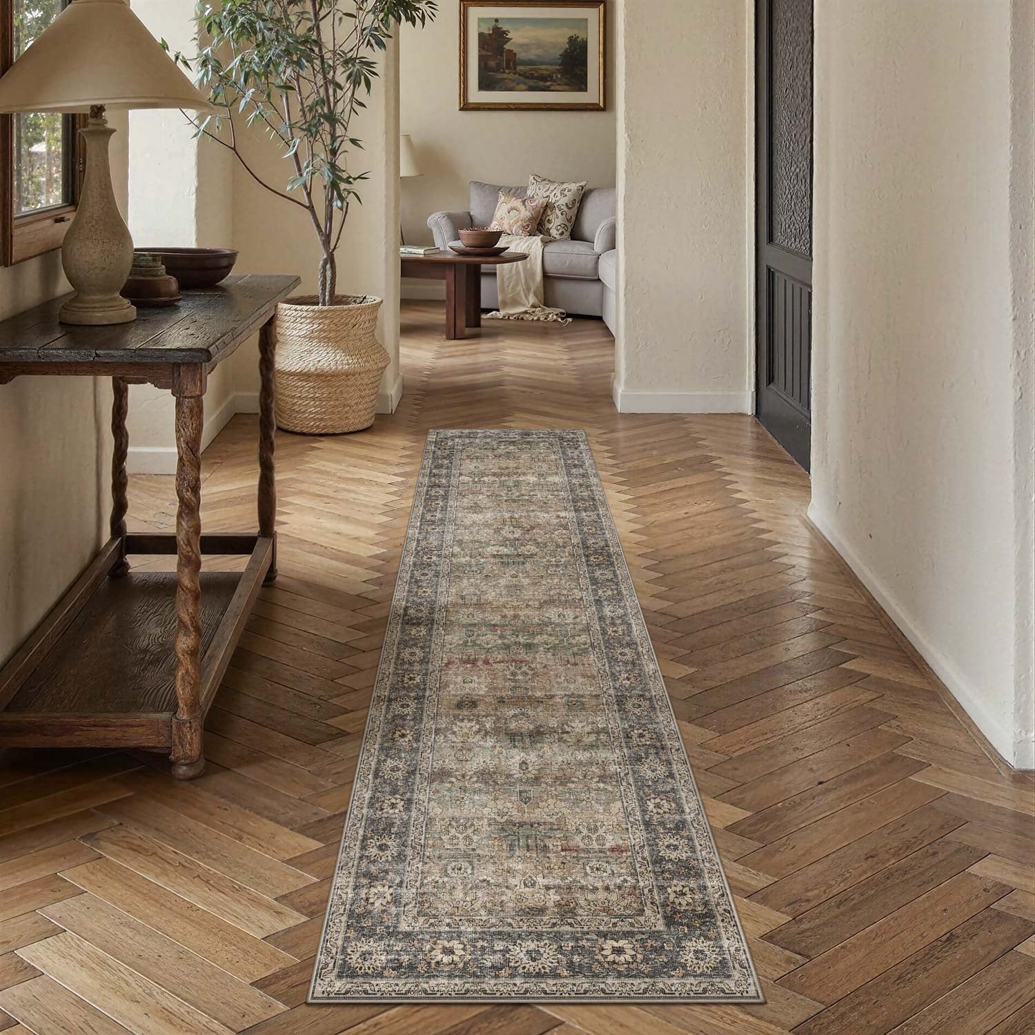 berthmeer 3'x8' runner rugs for hallway kitchen entryway bedroom bathroom entrance oriental floral vintage farmhouse machine washable non-slip traditional distressed rugs, brown