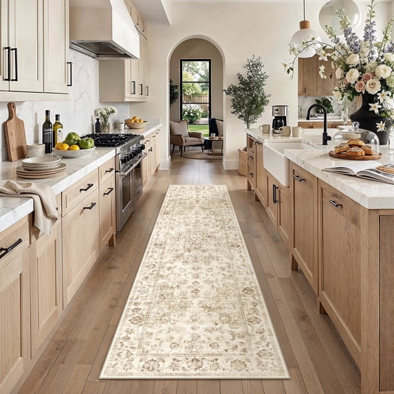 BERTHMEER 3'x8' Runner Rugs for Hallway Kitchen Entryway Bedroom Bathroom Entrance Oriental Vintage Farmhouse Machine Washable Non-slip Traditional Distressed Rugs, Beige