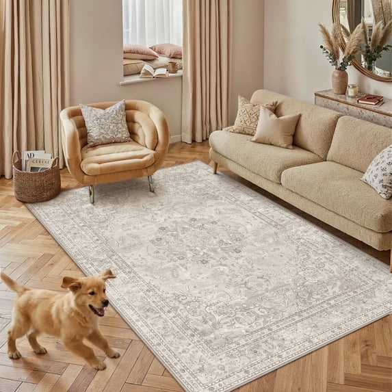 BERTHMEER 3x5 Washable Area Rug Beige Vintage Entryway Office Carpet Non-Slip Soft Low Pile Traditional Distressed Throw Rugs for Entrance Living Room Bathroom Dining Room