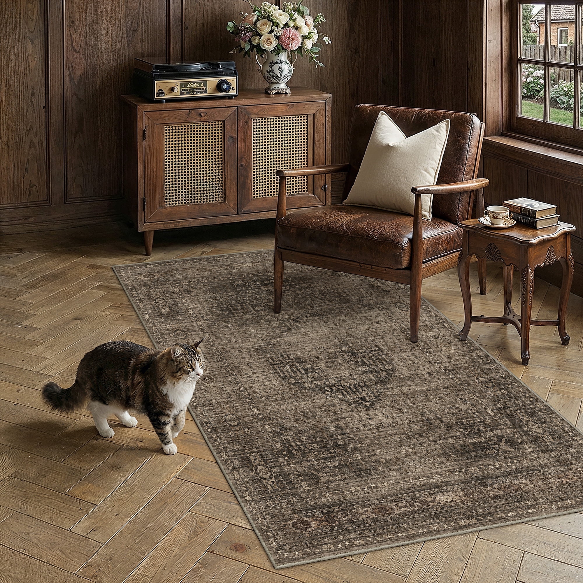 berthmeer 3x5 washable area rug living room dark brown vintage entryway office carpet non-slip soft low pile traditional distressed throw rugs for entrance bathroom dining room