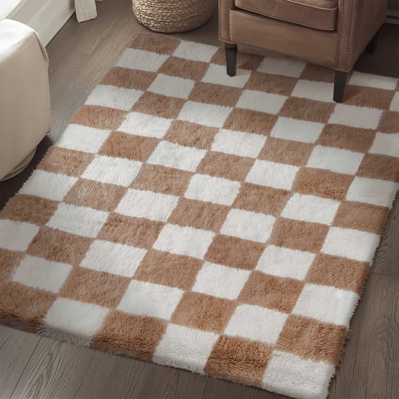 BERTHMEER 4'x6' Area Rugs for Bedroom Living Room Dinning Room Carpets Fluffy Rugs Plush Pile Soft Geometric Modern Shag Rugs,Brown White