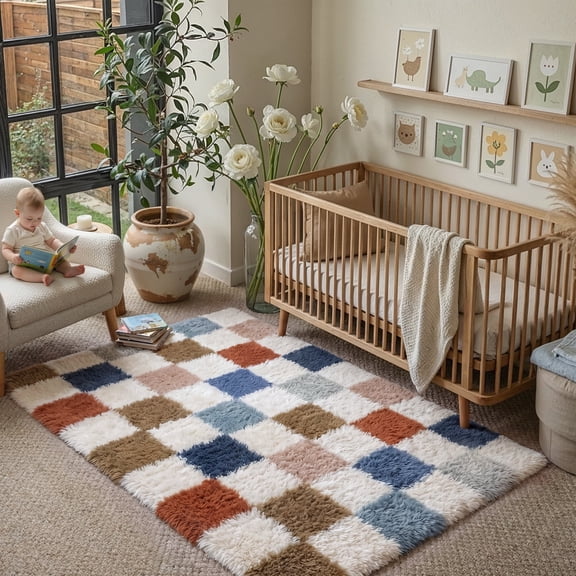 BERTHMEER 4'x6' Fluffy Checkered Area Rugs for Living Room Bedroom Dinning Room Soft Modern Geometric Plush Pile Ultra-Soft Rugs Carpets,Multicolor