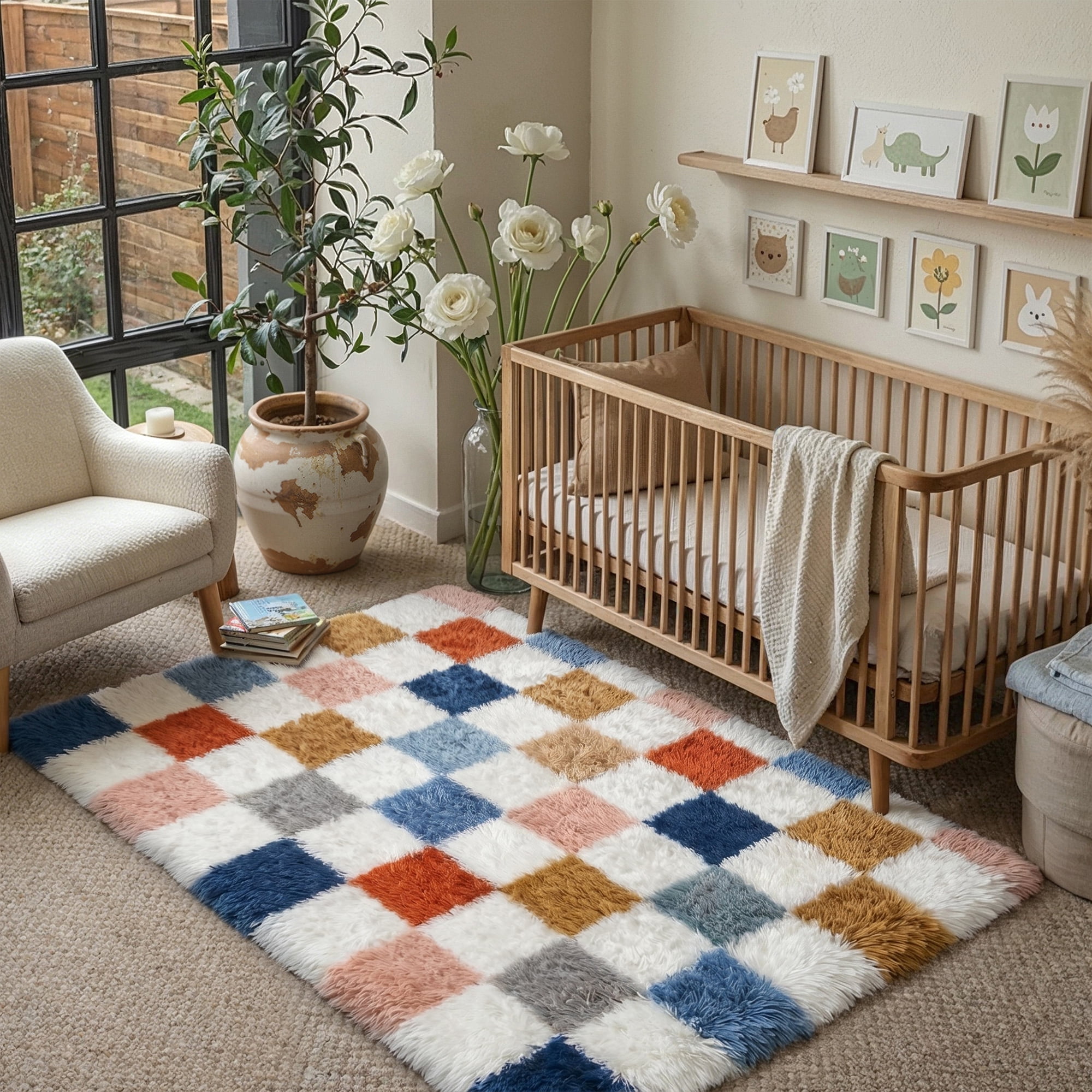 berthmeer 4'x6' fluffy checkered area rugs for living room bedroom dinning room soft modern geometric plush pile ultra-soft rugs carpets,multicolor
