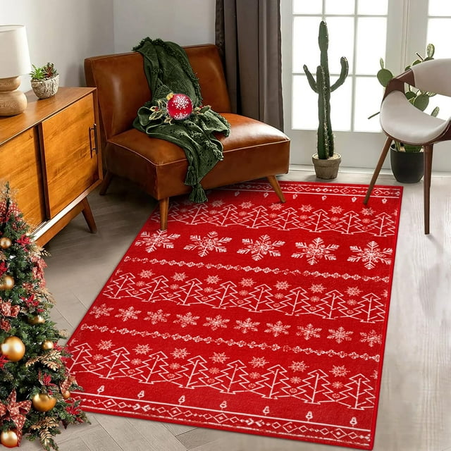 BERTHMEER 4'X6' Christmas Area Rug for Kitchen Living Room Bedroom Dining Room Office Dorm Farmhouse Washable Non-slip Rug,Snowflake Print Red