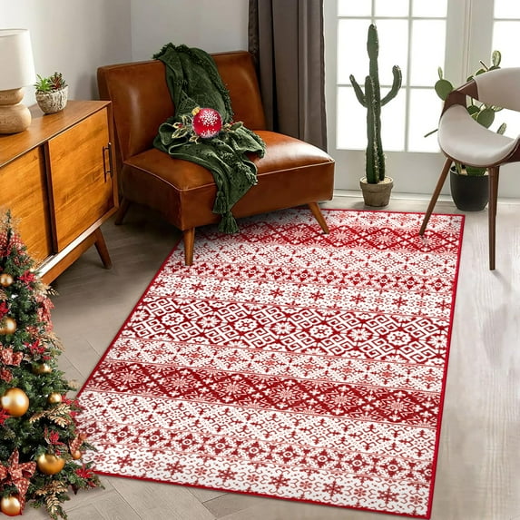 BERTHMEER 4'X6' Christmas Kitchen Rugs Washable Non-Slip Living Room Bedroom Dining Room Laundry Boho Rug for Enteryway Porch Entrance,Red&White