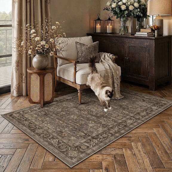 BERTHMEER 4'x6' Area Rugs for Living Office Kitchen Entryway Doorway Oriental Floral Vintage Farmhouse Machine Washable Non-slip Traditional Distressed Carpets, Brown