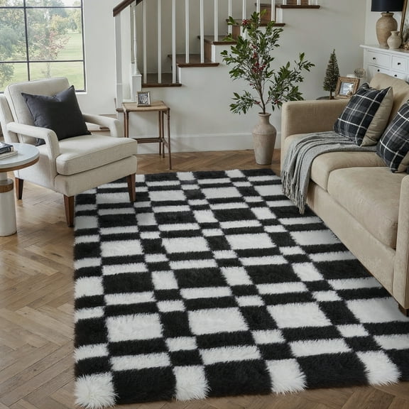 BERTHMEER 4'x6' Checkered Rug for Living Room, Modern Black and White Checkerboard Shag Rug Non-Slip Area Rug Soft Indoor Fluffy Rugs for Bedroom Carpet Home Dorm Aesthetic Decor