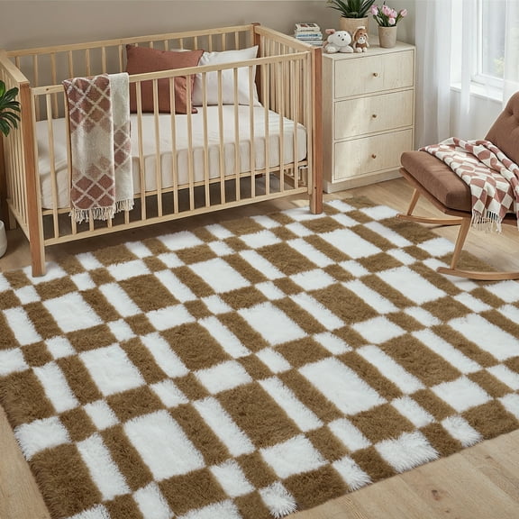 BERTHMEER 4'x6' Checkered Rug for Living Room, Modern Brown and White Checkerboard Shag Rug Non-Slip Area Rug Soft Indoor Fluffy Rugs for Bedroom Carpet Home Dorm Aesthetic Decor