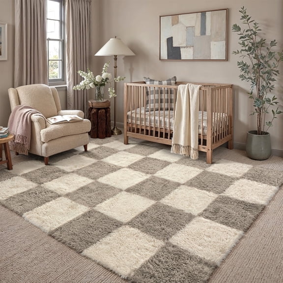 BERTHMEER 4'x6' Washable Shag Area Rugs for Bedroom Dorm Modern Checkered Contemporary Plush Soft Carpets Indoor Fuzzy Fluffy Throw Rugs, Gray