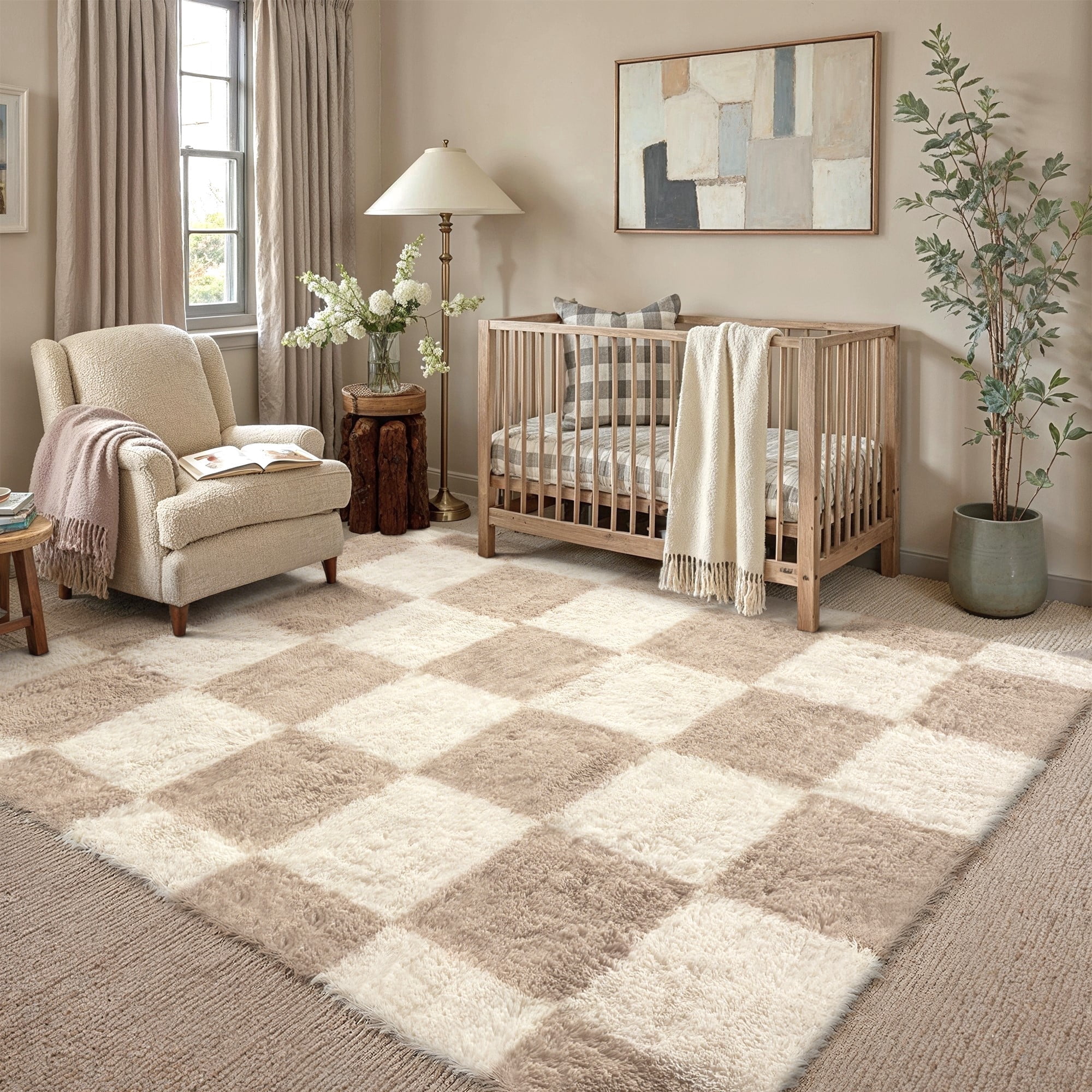 berthmeer 4'x6' shag area rugs for living room bedroom dorm office modern checkered contemporary plush soft carpets indoor fuzzy fluffy washable rugs, beige