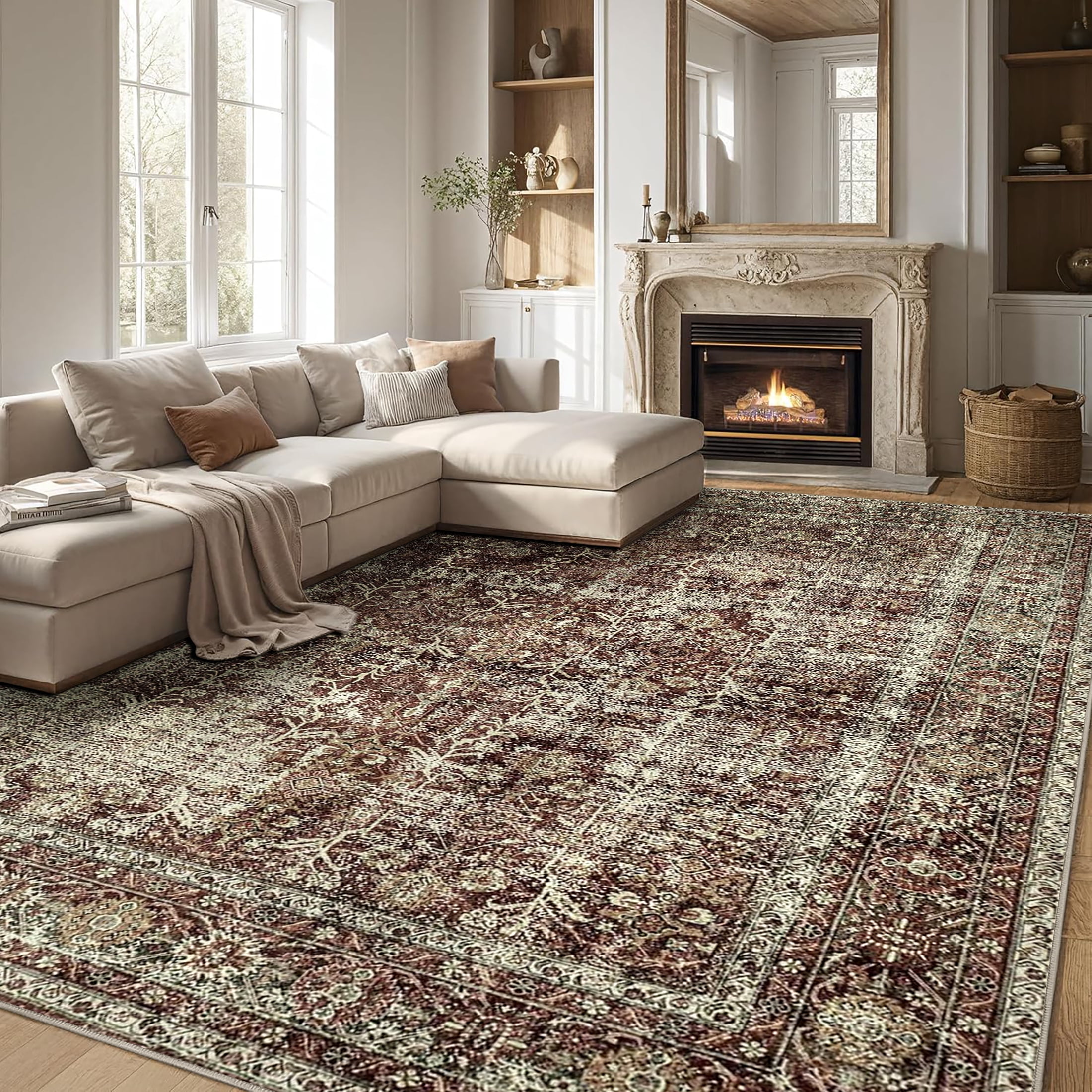 Traditional Rug Distressed BERTHMEER 4'x6' Washable Area Rugs for Bedroom Office Entryway rugs ...