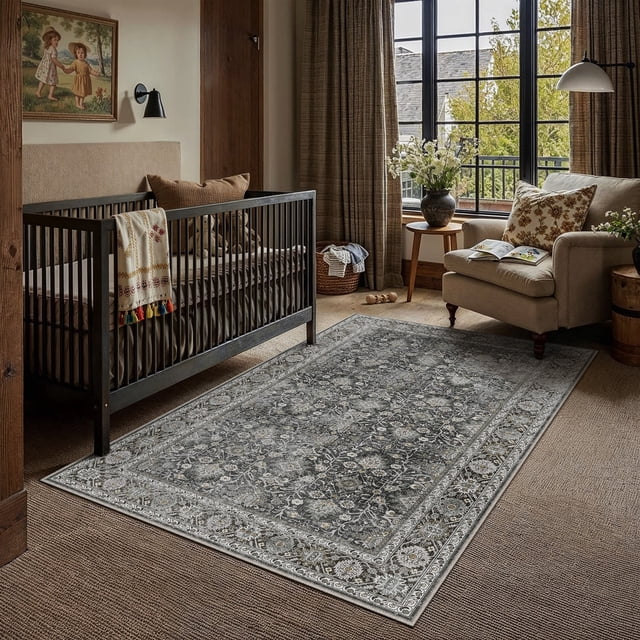 BERTHMEER 4'x6' Washable Area Rugs for Bedroom Office Entryway rugs indoor Traditional Oriental Rugs Non-slip, Black
